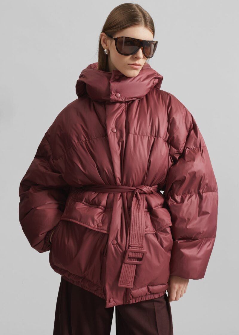 Belted Puffer Jacket - Burgundy - Image 2