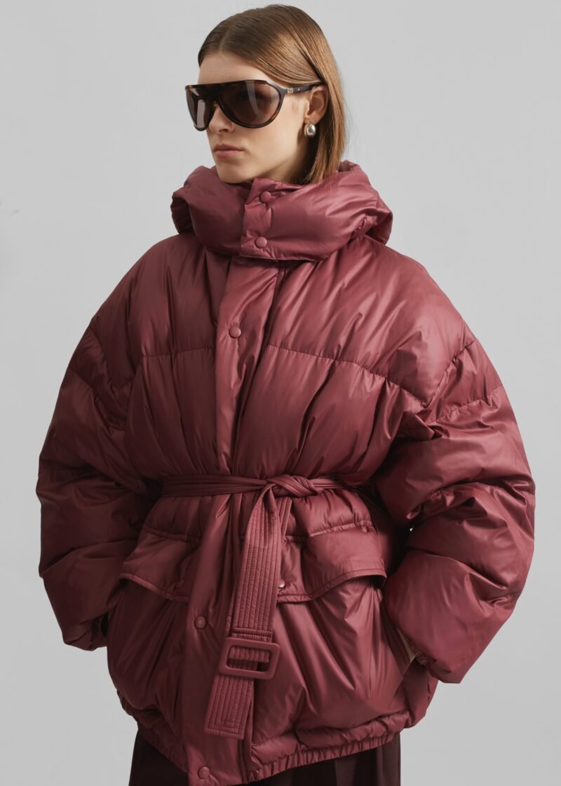 Belted Puffer Jacket - Burgundy - Image 4