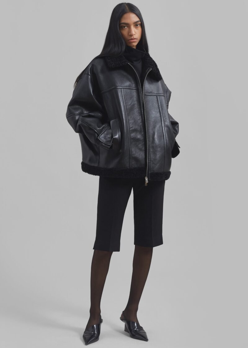 Faux Leather Shearling Jacket - Black - Image 7