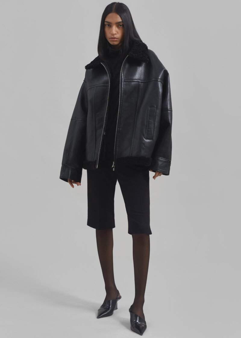 Faux Leather Shearling Jacket - Black - Image 4