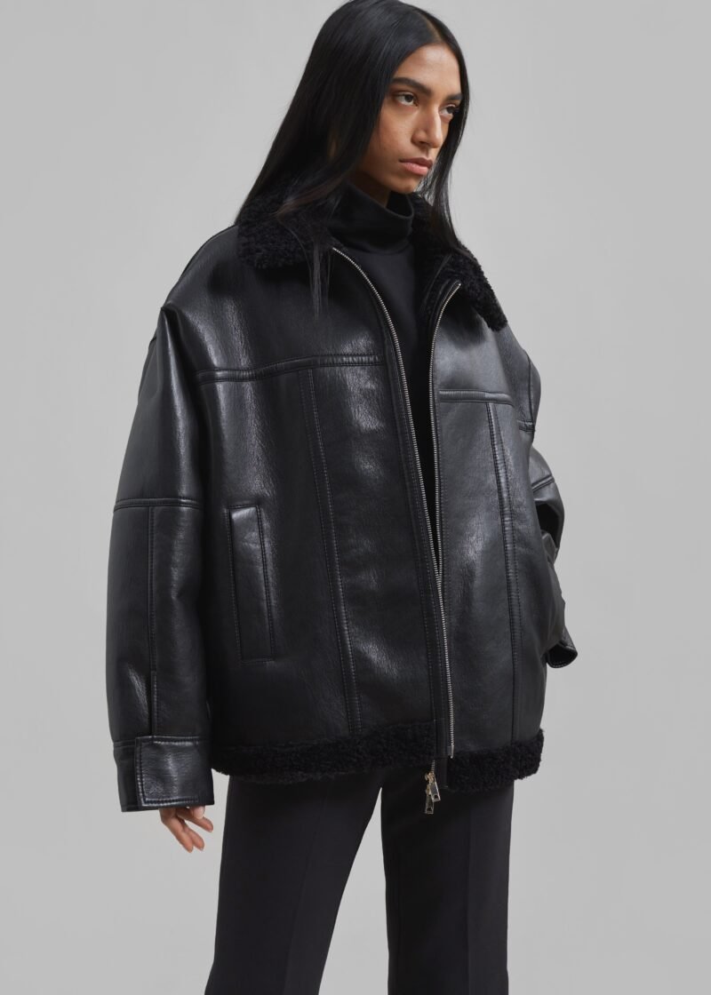 Faux Leather Shearling Jacket - Black - Image 6