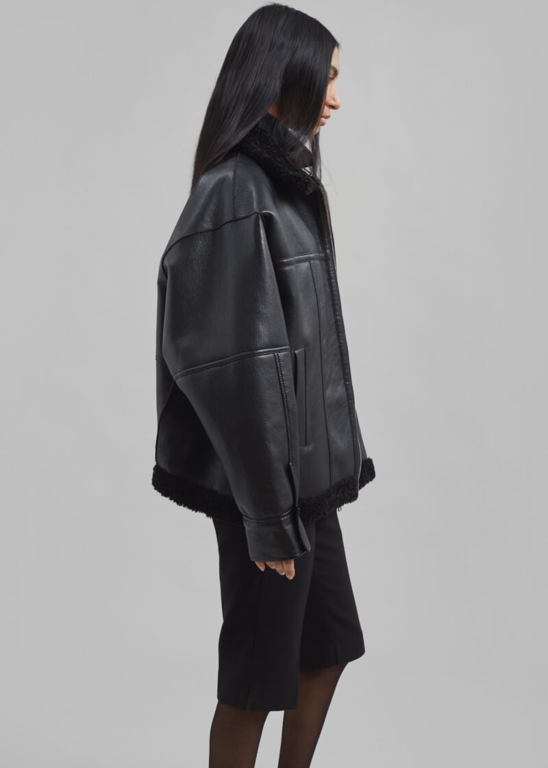 Faux Leather Shearling Jacket - Black - Image 5