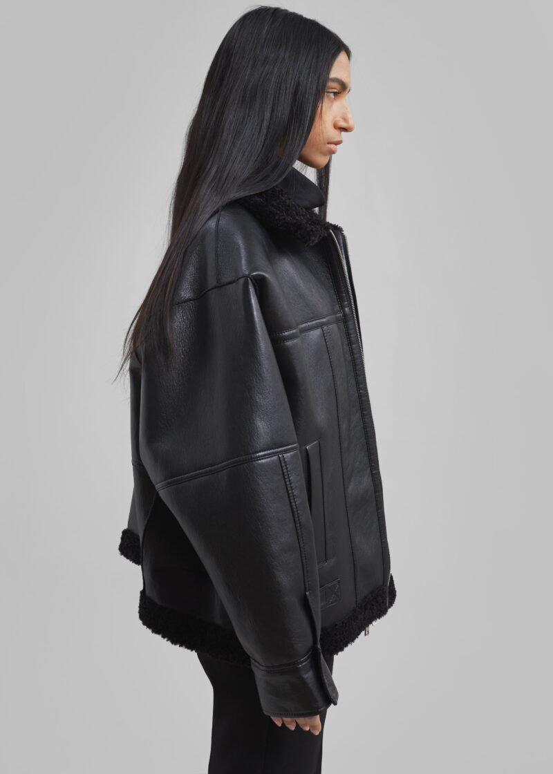 Faux Leather Shearling Jacket - Black - Image 2