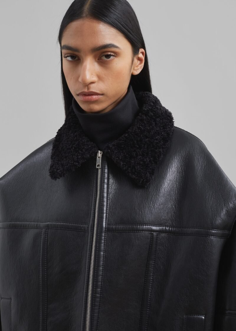 Faux Leather Shearling Jacket - Black - Image 3