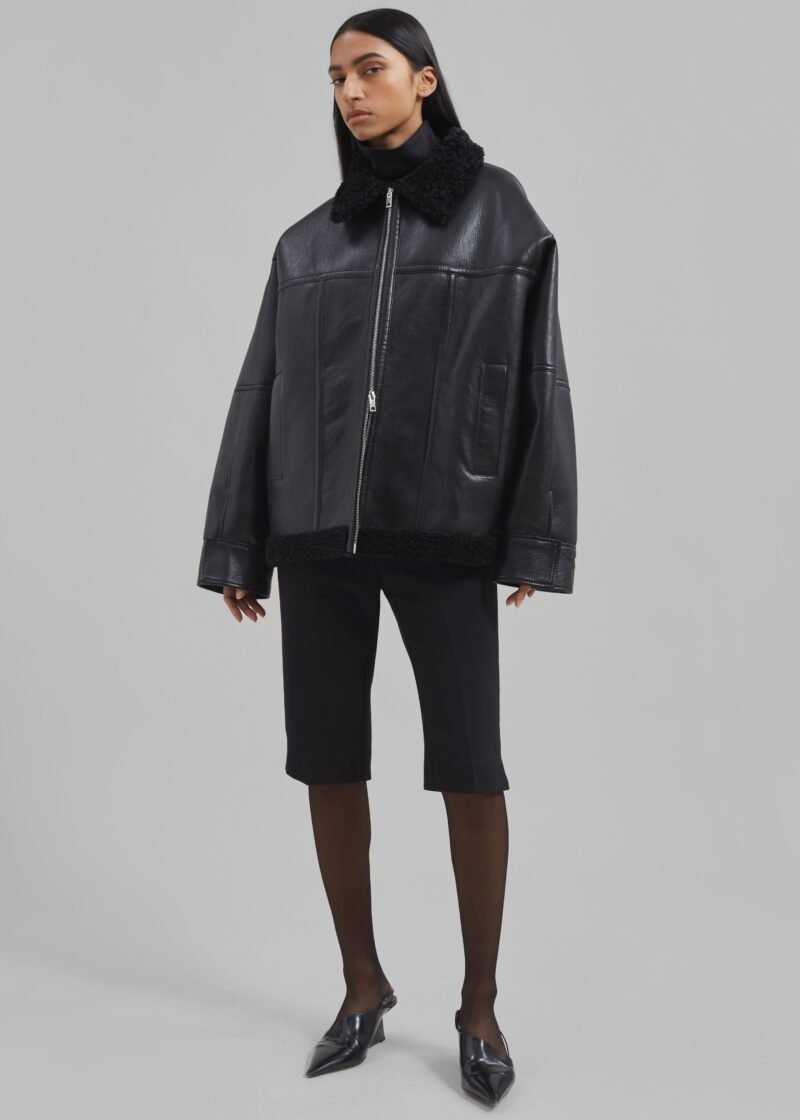 Faux Leather Shearling Jacket - Black