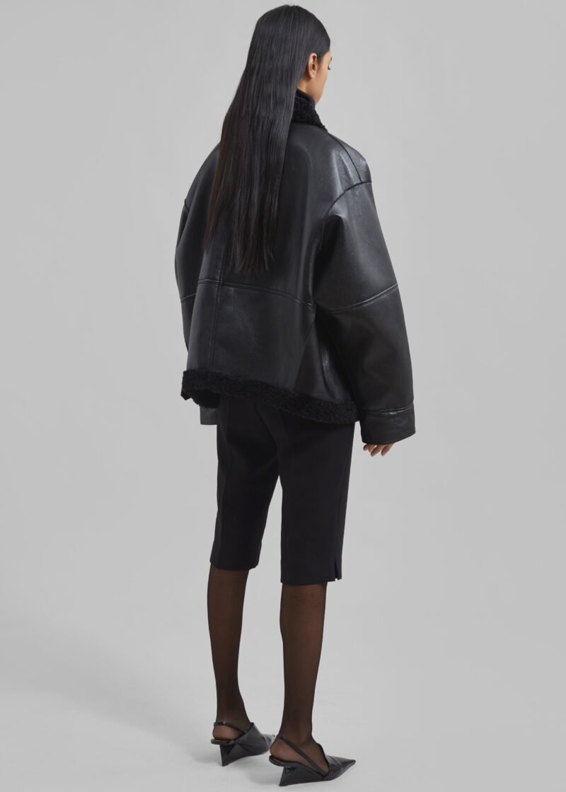 Faux Leather Shearling Jacket - Black - Image 8