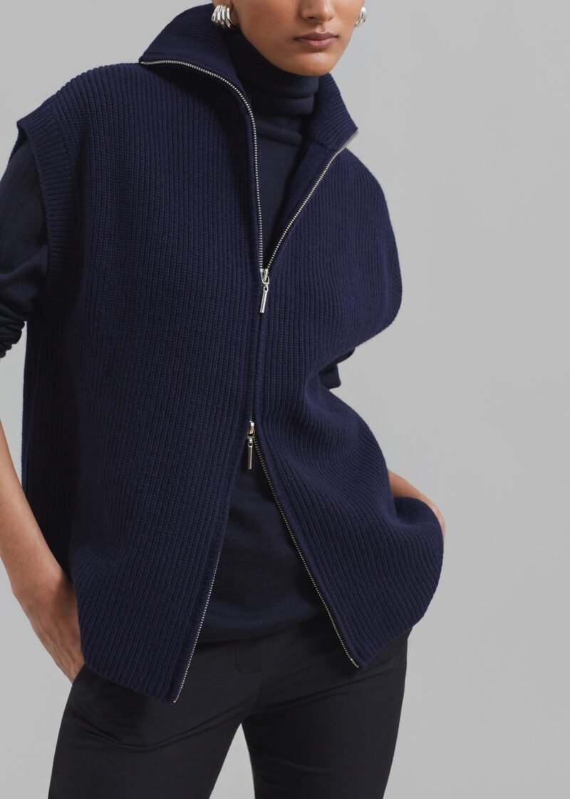 Wool Blend Sleeveless Zip Turtleneck - Navy - Image 3