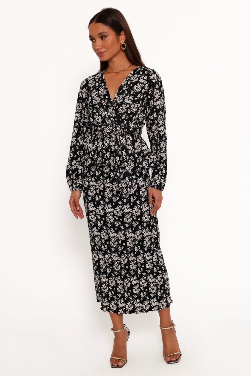 Pleat Midi Skirt - Black/White Floral - Image 3