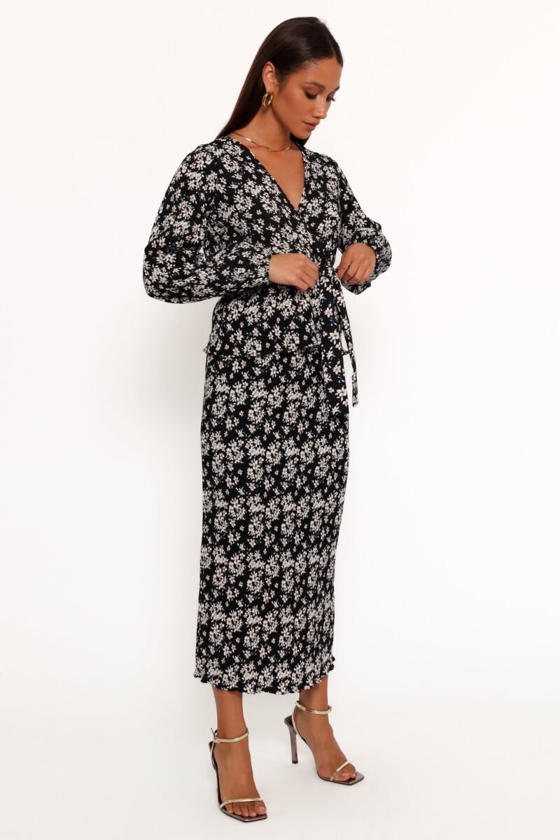 Pleat Midi Skirt - Black/White Floral - Image 7
