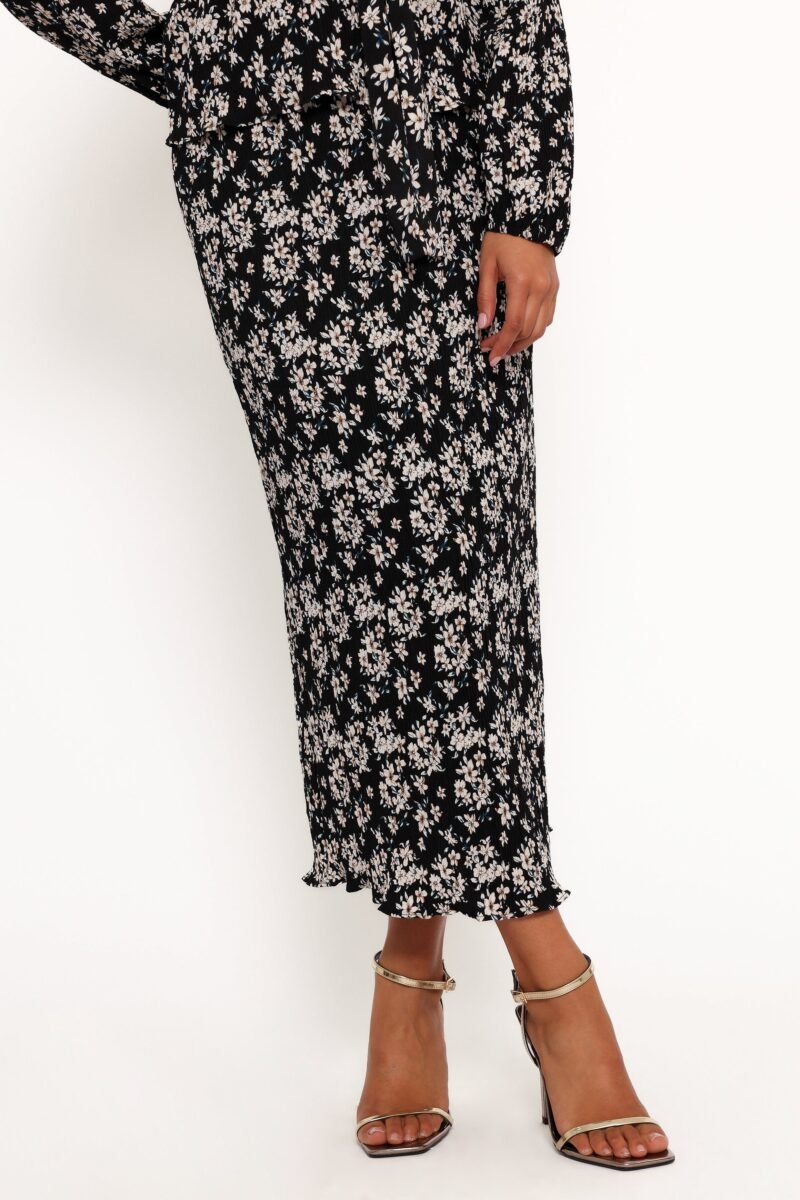 Pleat Midi Skirt - Black/White Floral - Image 4