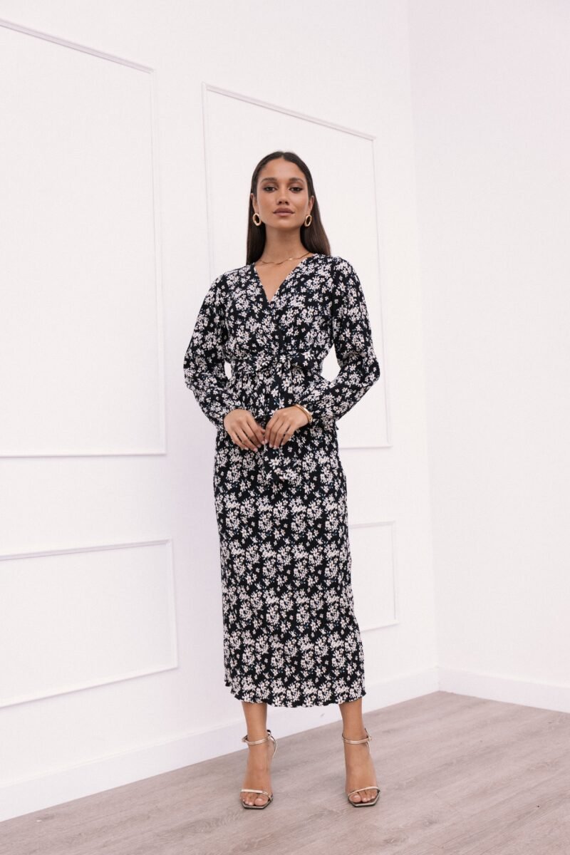 Pleat Midi Skirt - Black/White Floral - Image 2