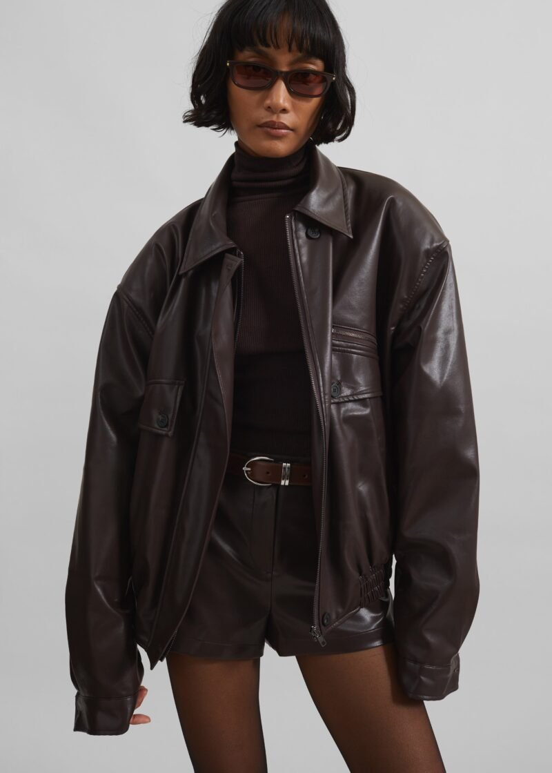 Padded Faux Leather Jacket - Brown - Image 3