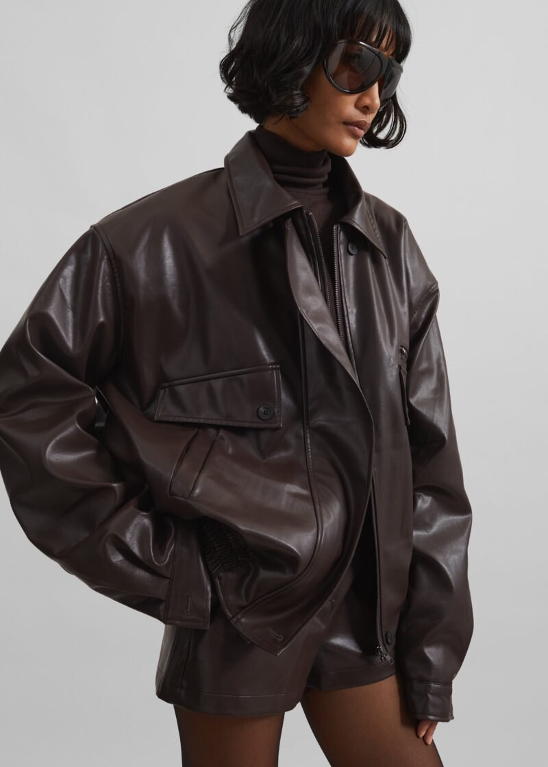 Padded Faux Leather Jacket - Brown