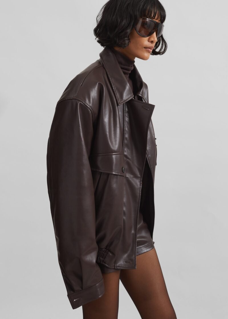 Padded Faux Leather Jacket - Brown - Image 4