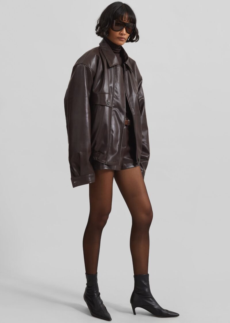 Padded Faux Leather Jacket - Brown - Image 6