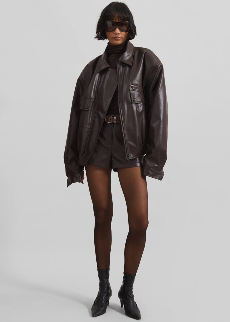 Padded Faux Leather Jacket - Brown - Image 2