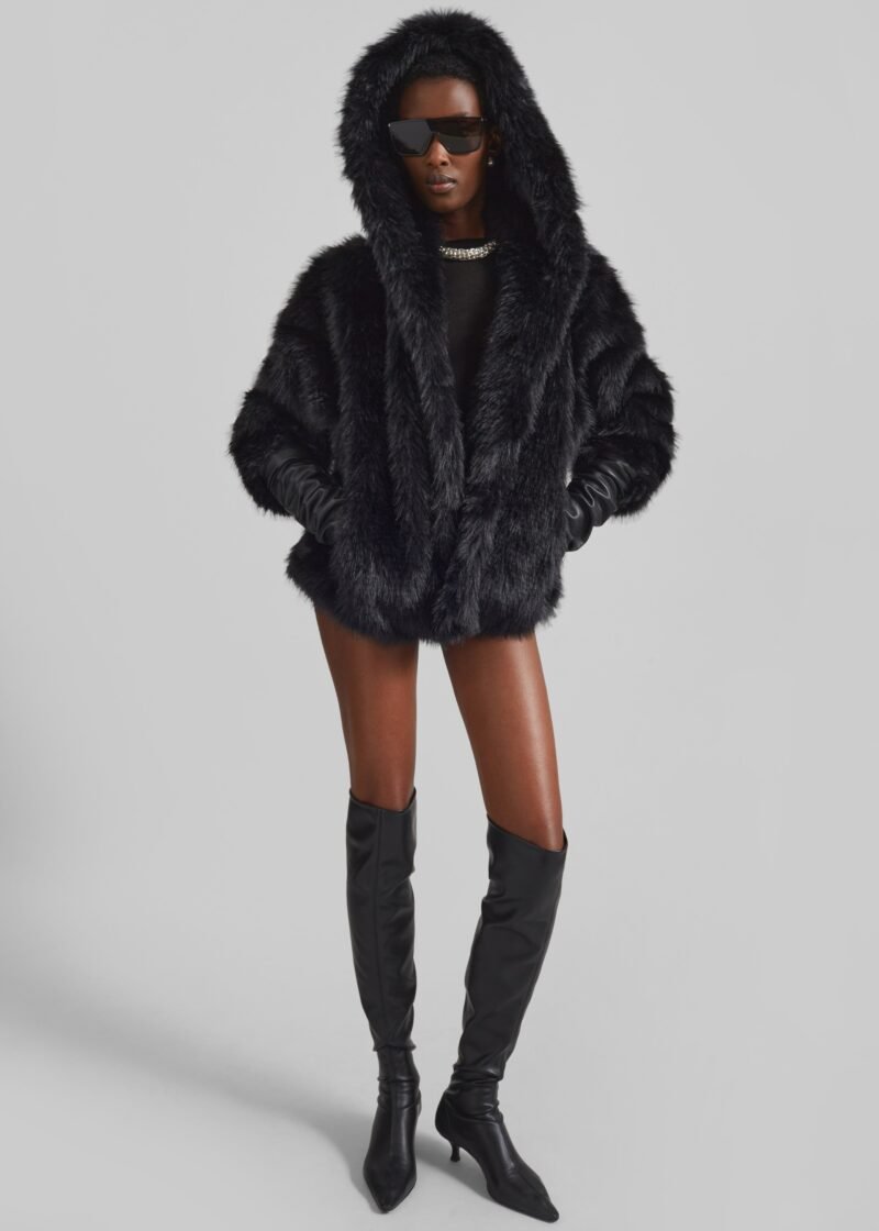 Faux Fur Hooded Jacket - Black - Image 4