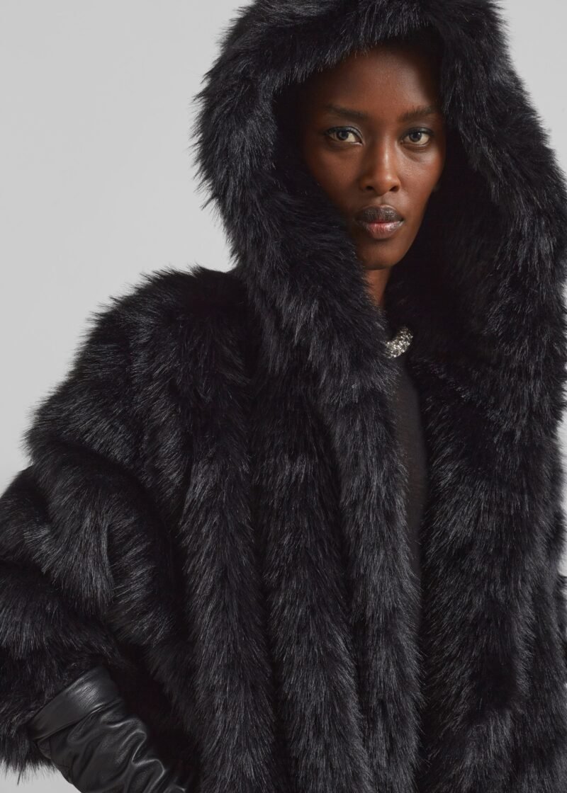 Faux Fur Hooded Jacket - Black - Image 5