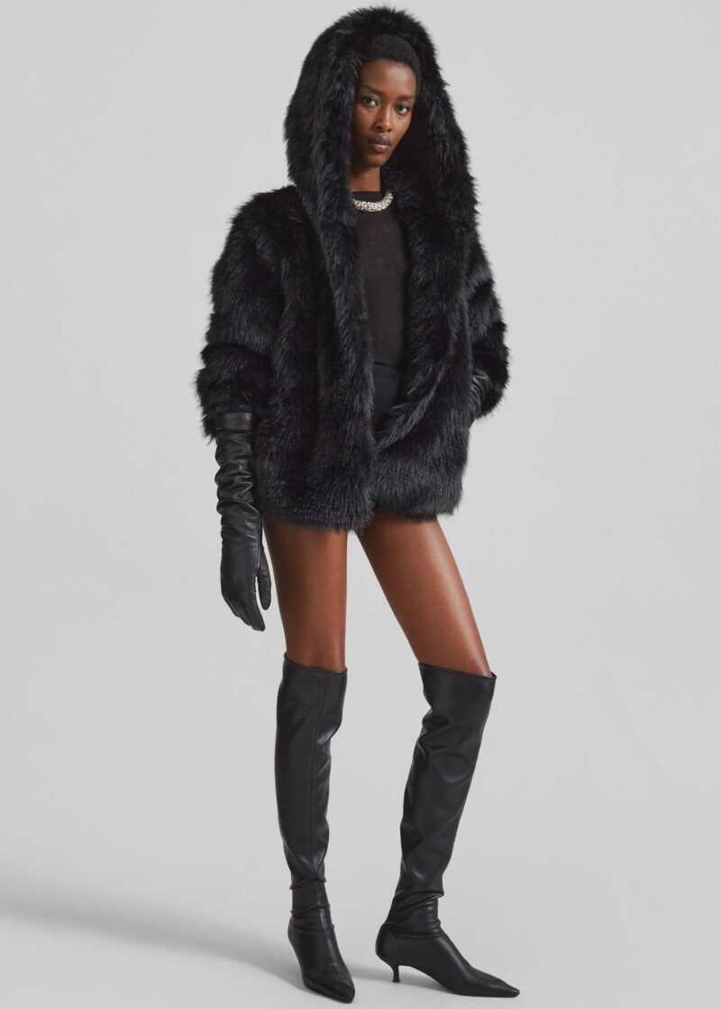Faux Fur Hooded Jacket - Black - Image 6