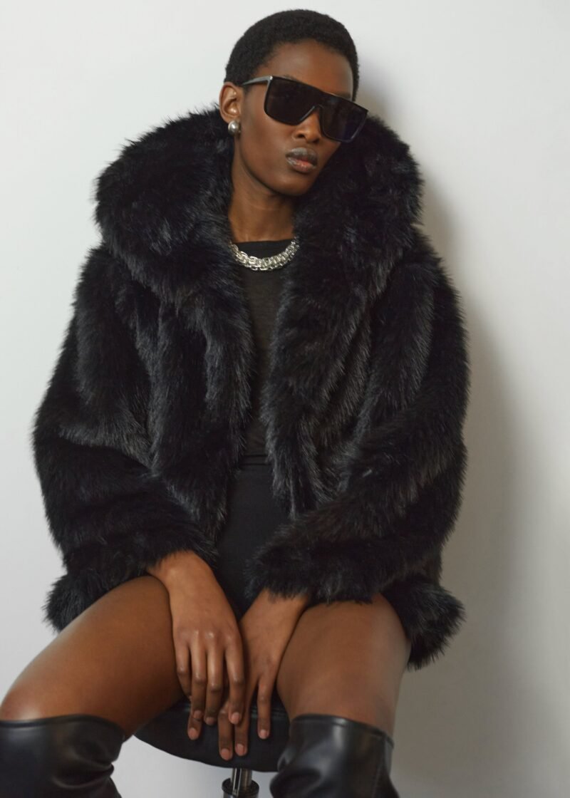 Faux Fur Hooded Jacket - Black - Image 7