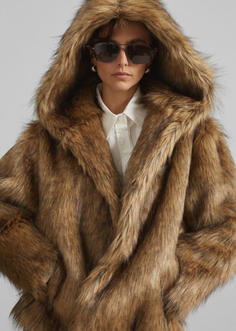 Faux Fur Hooded Jacket - Camel - Image 3