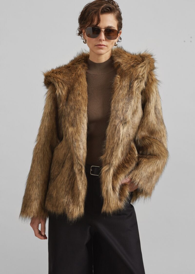 Faux Fur Hooded Jacket - Camel - Image 9