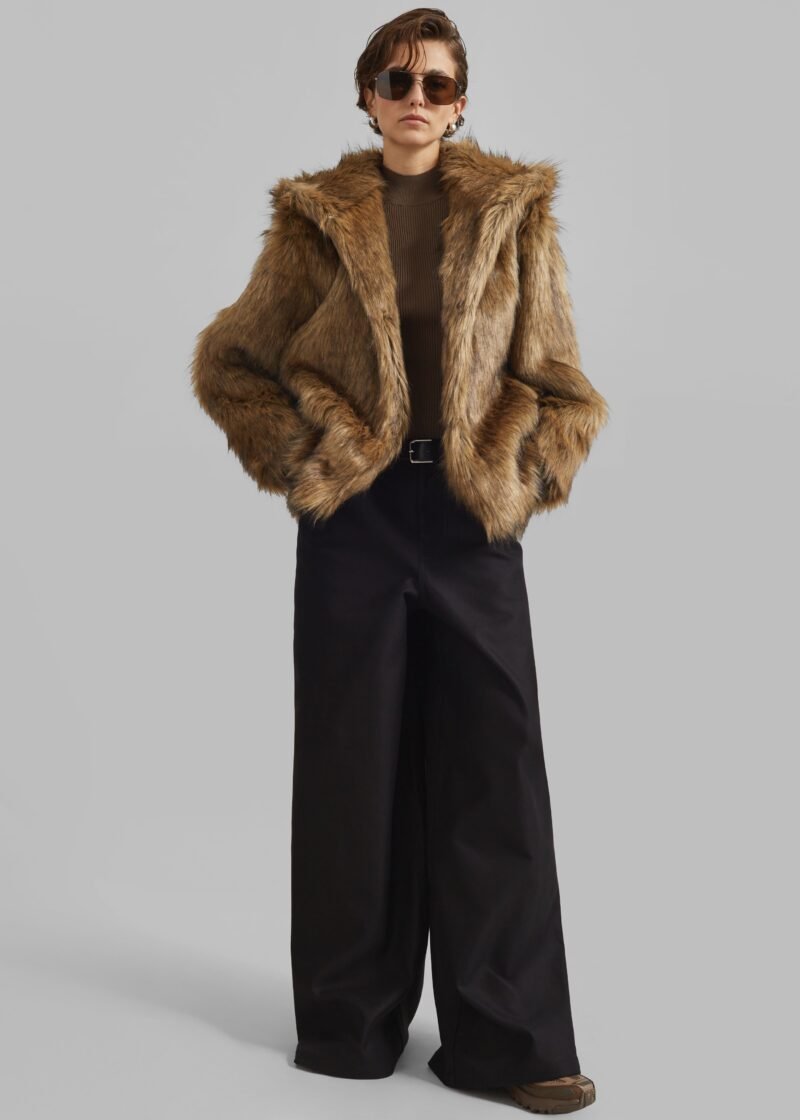 Faux Fur Hooded Jacket - Camel - Image 4
