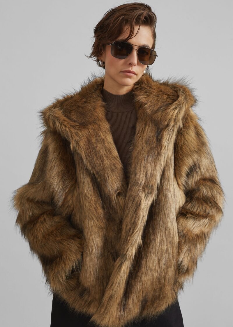 Faux Fur Hooded Jacket - Camel - Image 8