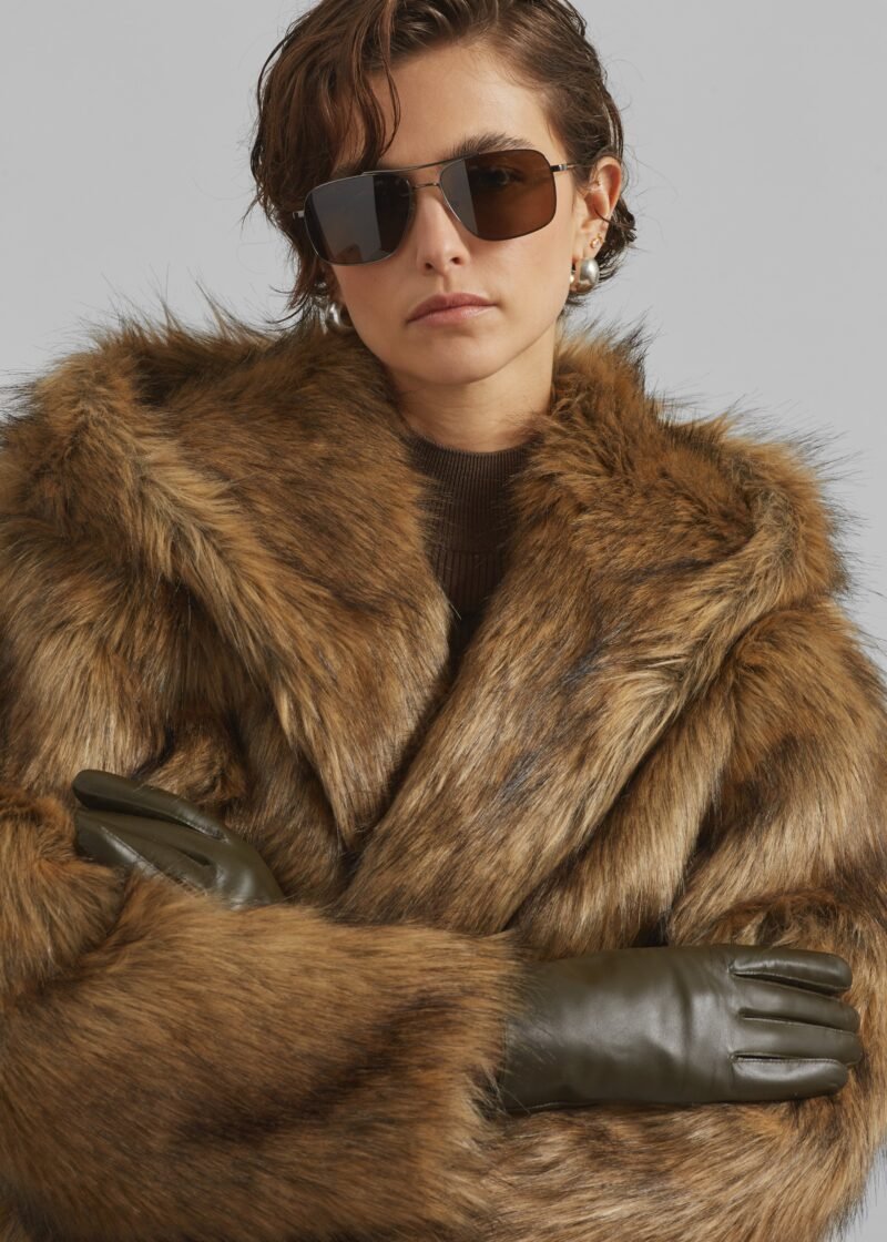 Faux Fur Hooded Jacket - Camel - Image 6