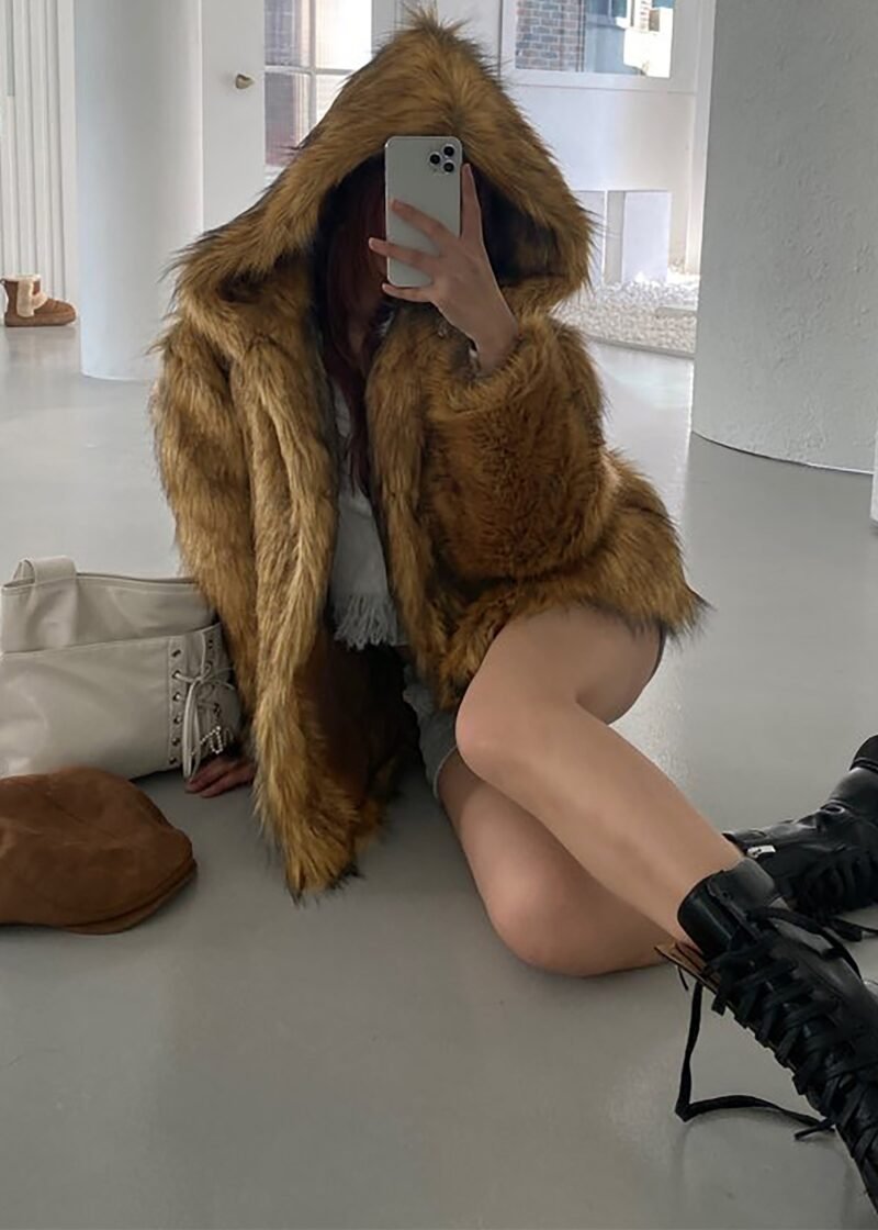 Faux Fur Hooded Jacket - Camel - Image 11