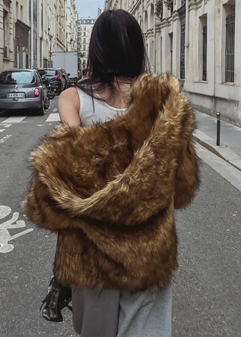 Faux Fur Hooded Jacket - Camel - Image 5