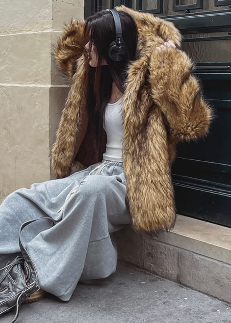 Faux Fur Hooded Jacket - Camel - Image 2