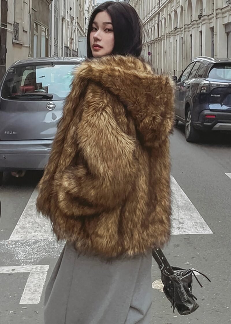 Faux Fur Hooded Jacket - Camel - Image 7