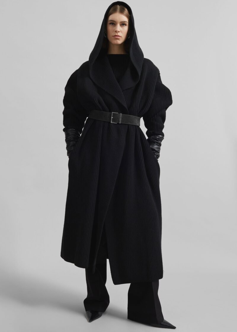 Hooded Oversized Long Cardigan - Black - Image 5