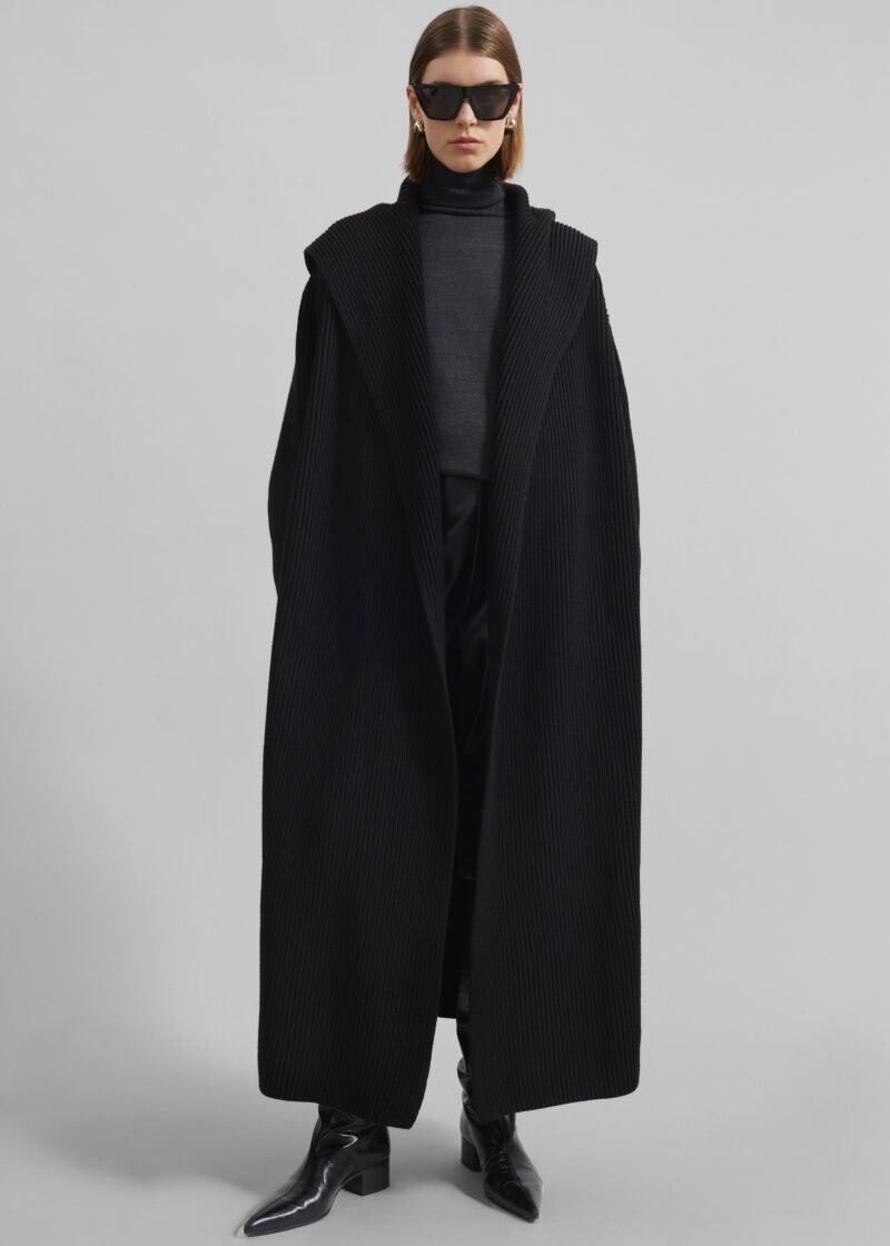Hooded Oversized Long Cardigan - Black - Image 4