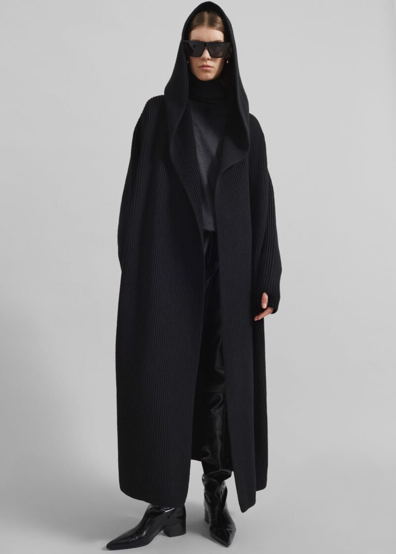 Hooded Oversized Long Cardigan - Black - Image 7