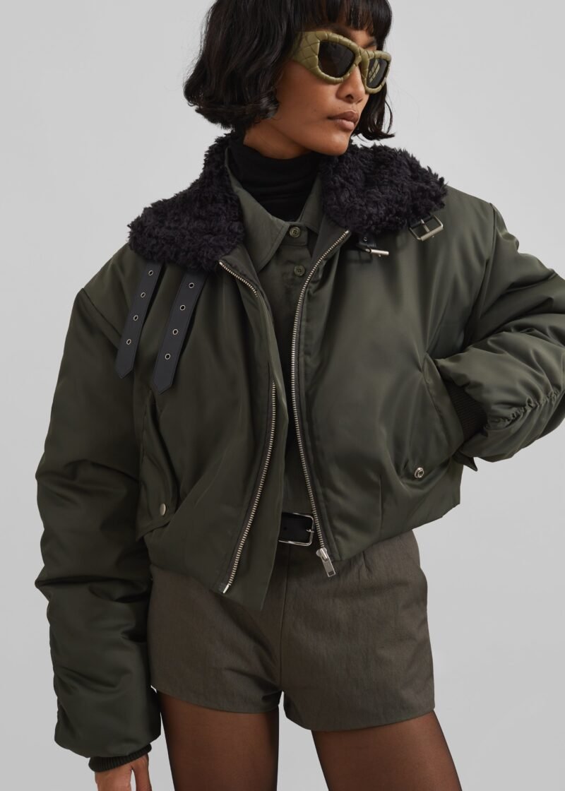 Cropped Bomber Jacket - Khaki - Image 6