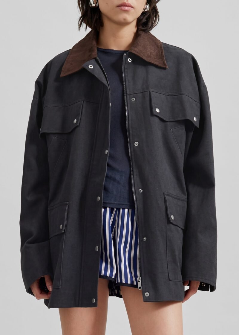 Contrast Collar Cargo Jacket - Charcoal - Image 5