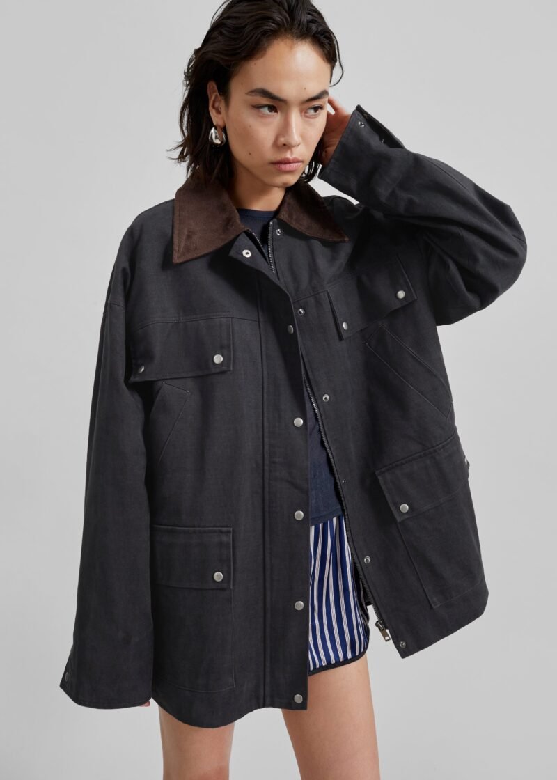 Contrast Collar Cargo Jacket - Charcoal - Image 4