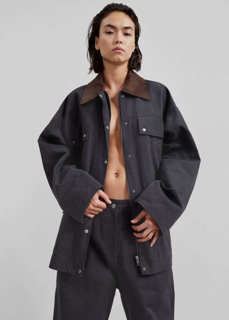 Contrast Collar Cargo Jacket - Charcoal - Image 3