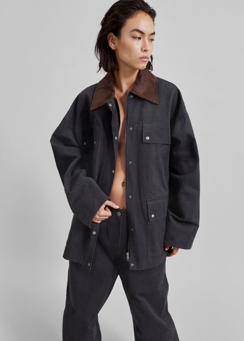 Contrast Collar Cargo Jacket - Charcoal