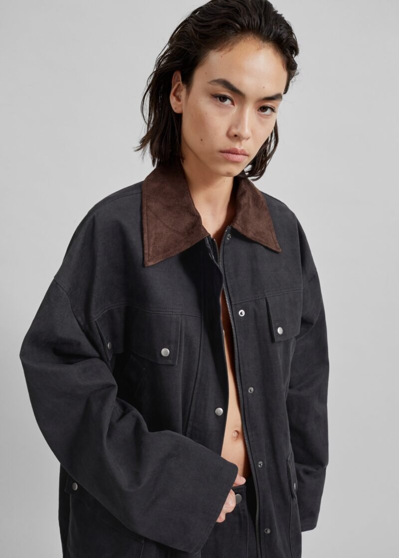 Contrast Collar Cargo Jacket - Charcoal - Image 6