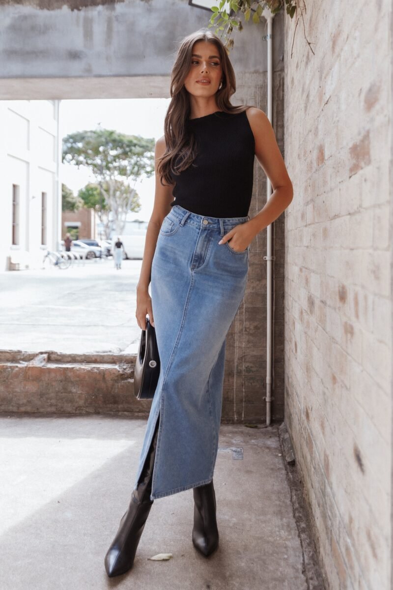 Denim Midi Skirt - Blue Wash