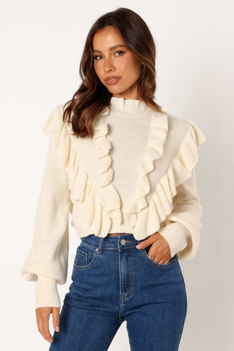 Knit Long Sleeve Top - Cream - Image 3