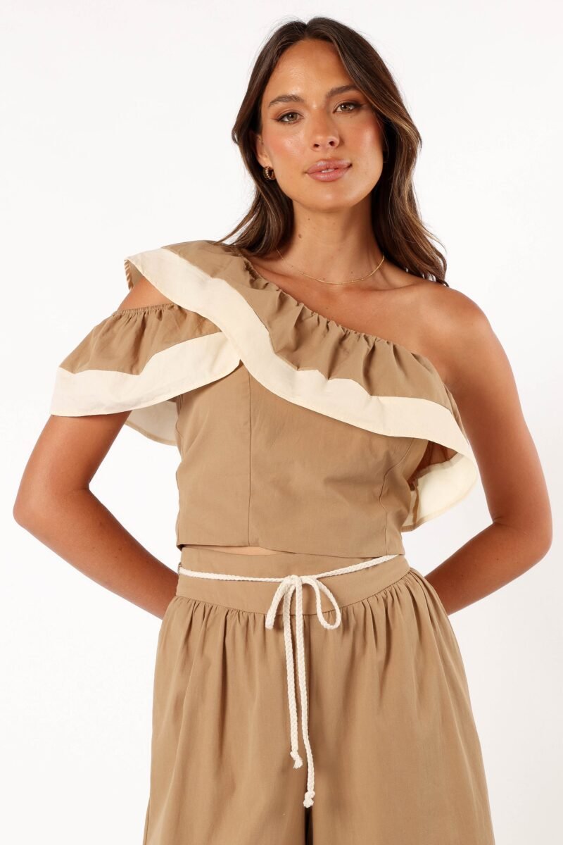 One Shoulder Top - Khaki/Cream - Image 3