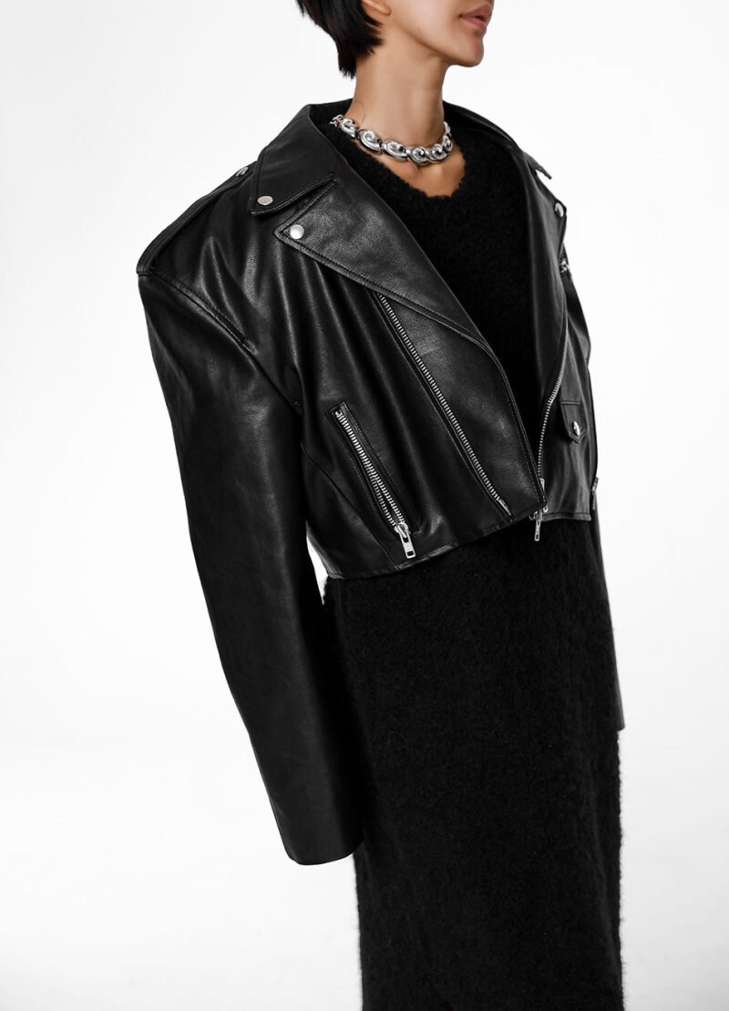 Cropped Biker Jacket - Black - Image 5