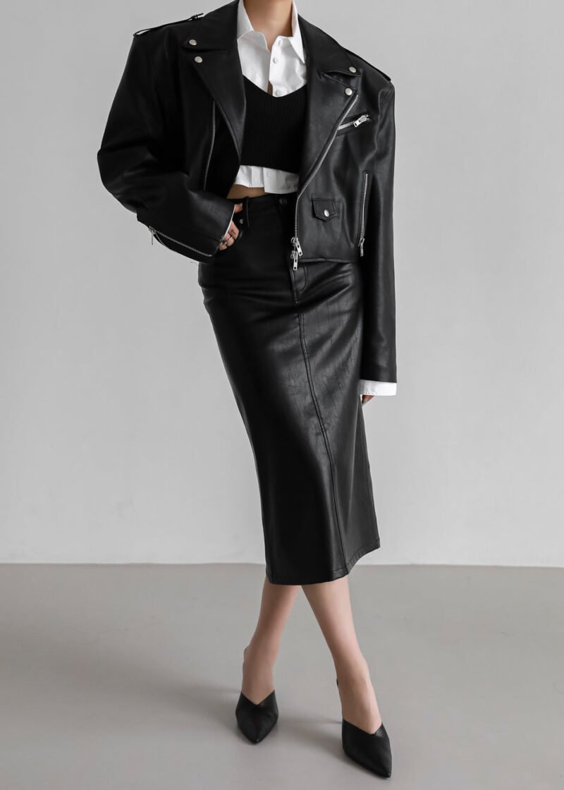 Cropped Biker Jacket - Black - Image 7