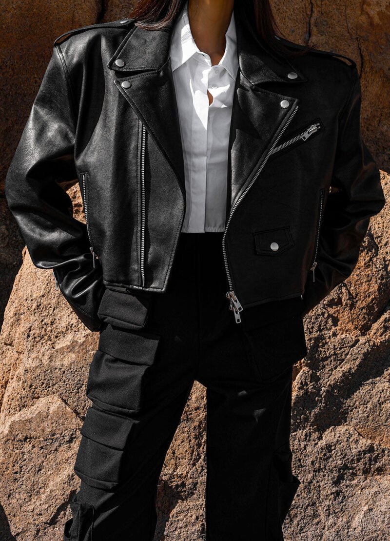 Cropped Biker Jacket - Black - Image 6