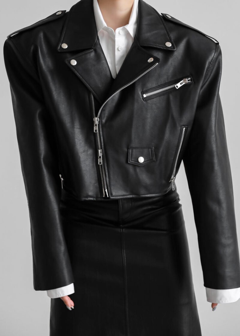 Cropped Biker Jacket - Black - Image 4