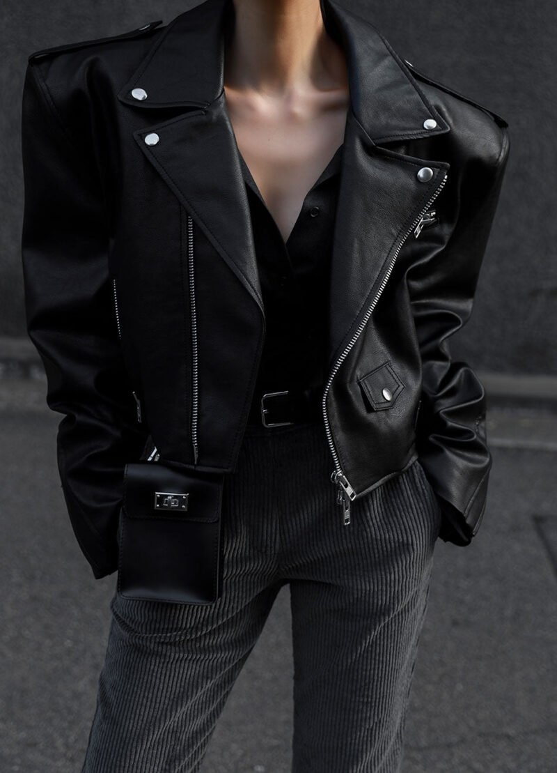 Cropped Biker Jacket - Black - Image 3